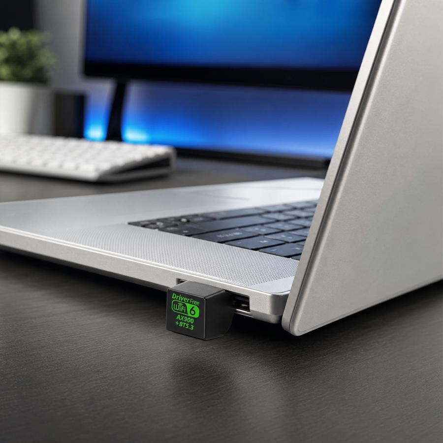 AX900 Wi-Fi 6 and Bluetooth 5.3 USB adapter plugged into a laptop