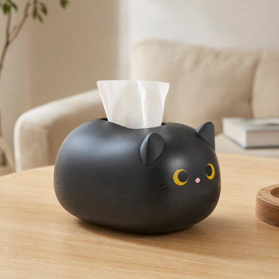 Black cat-shaped tissue box with a white tissue on a modern living room table