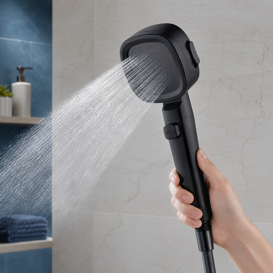 Black three-mode filtered handheld shower head running in a modern bathroom