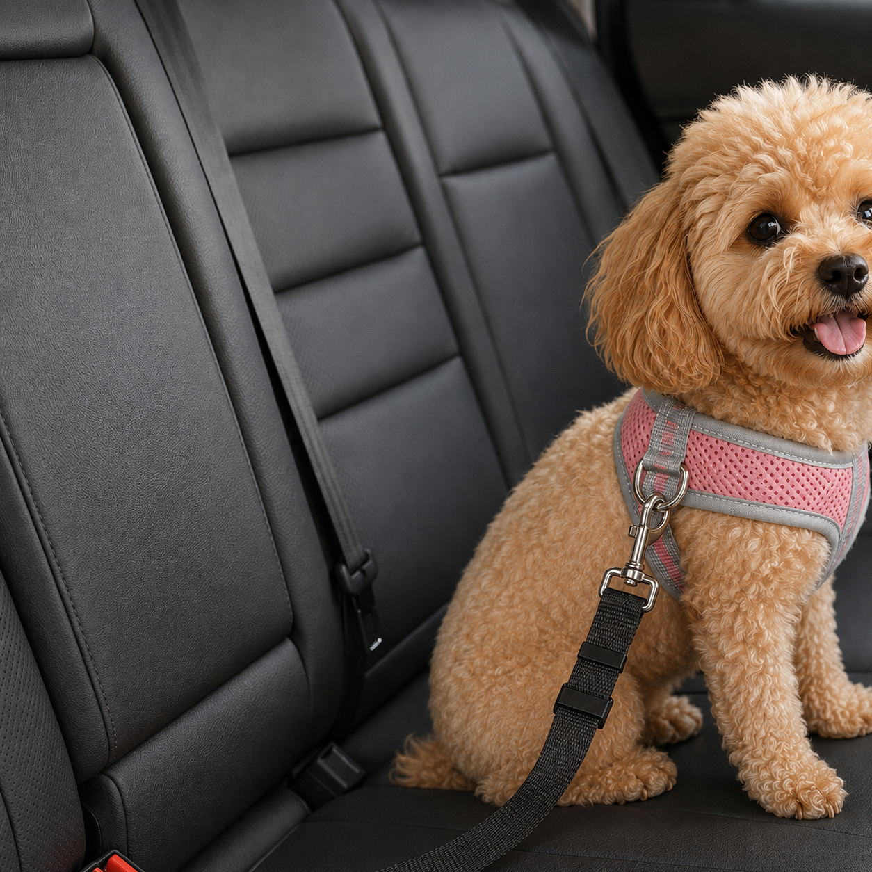 Black adjustable pet car seat-belt tether clipped from a dog harness in a rear car seat