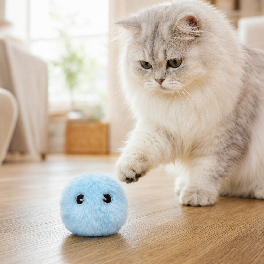 Blue plush chirping cat toy ball with a cat reaching toward it
