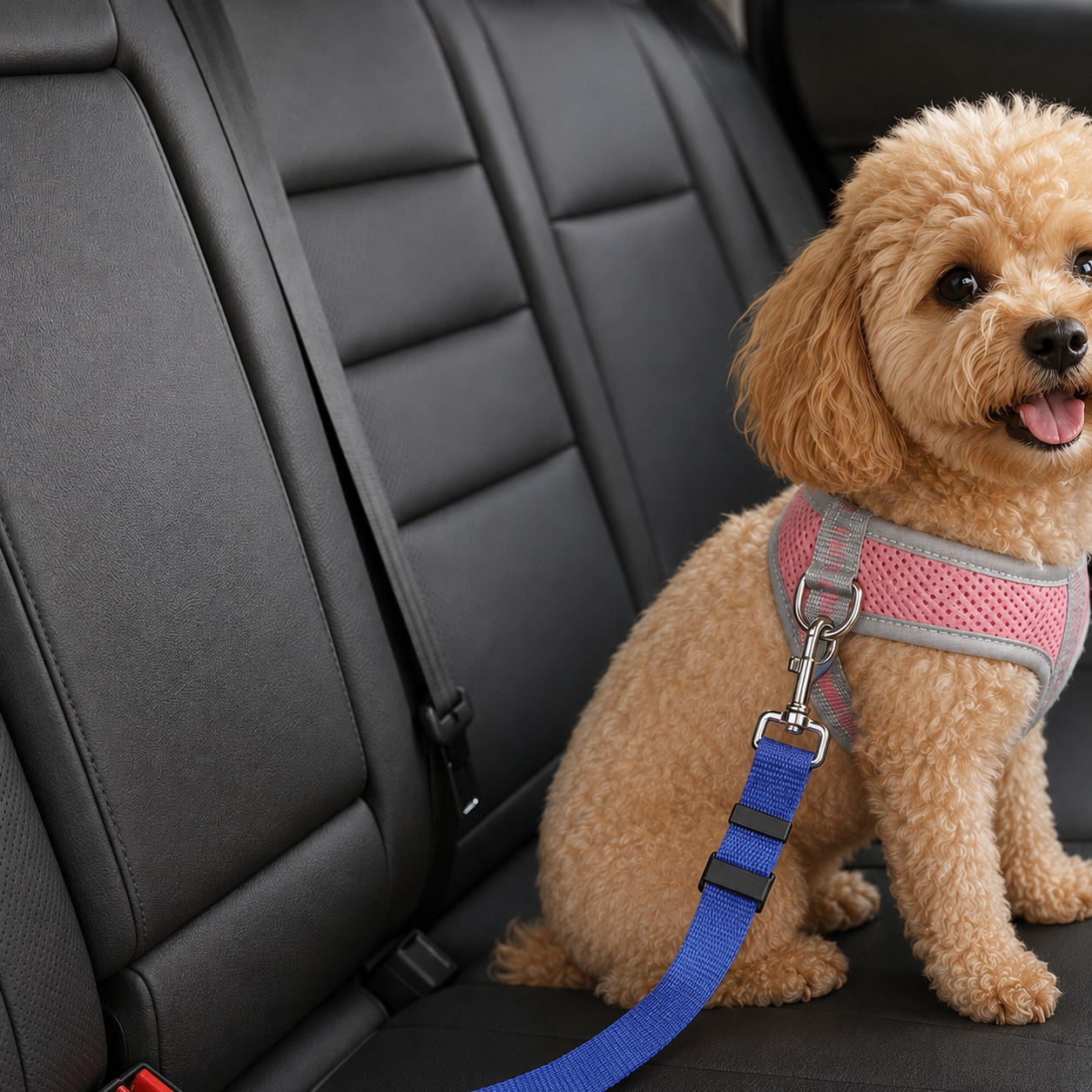 Blue adjustable pet car seat-belt tether clipped from a dog harness in a rear car seat