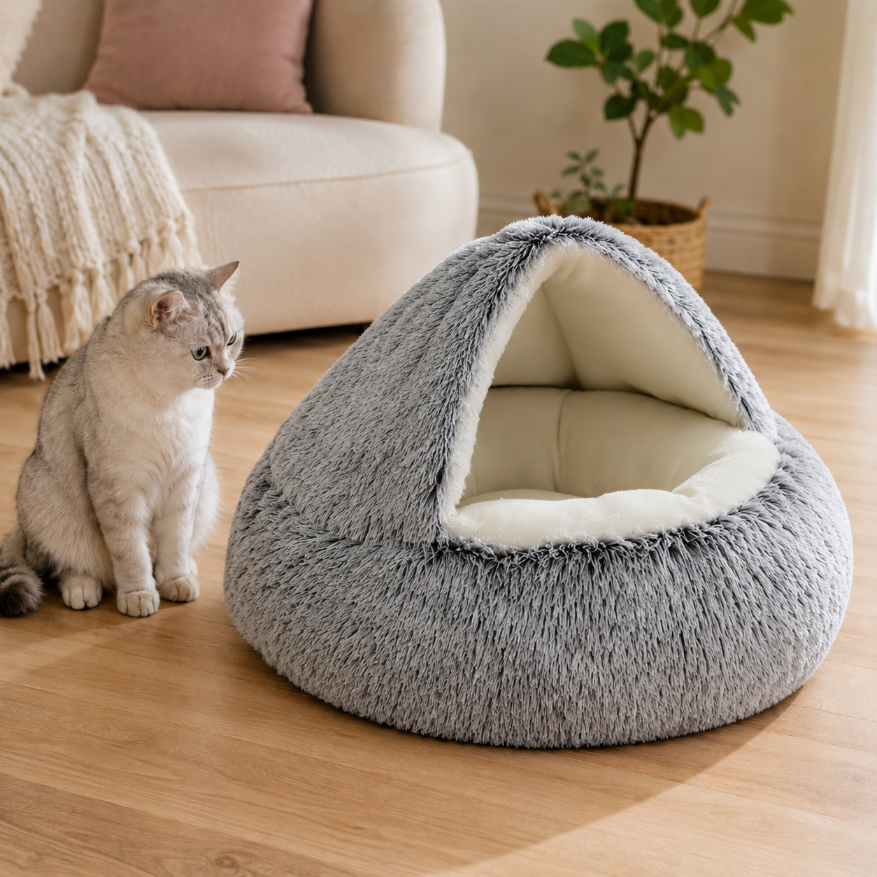 Gray cave pet bed with smooth cream interior beside a cat