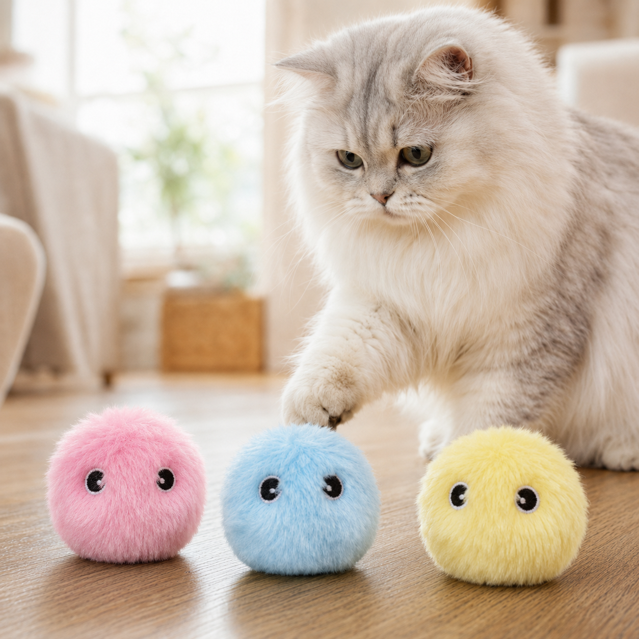 Set of three blue, yellow and pink interactive chirping cat toy balls, lifestyle image