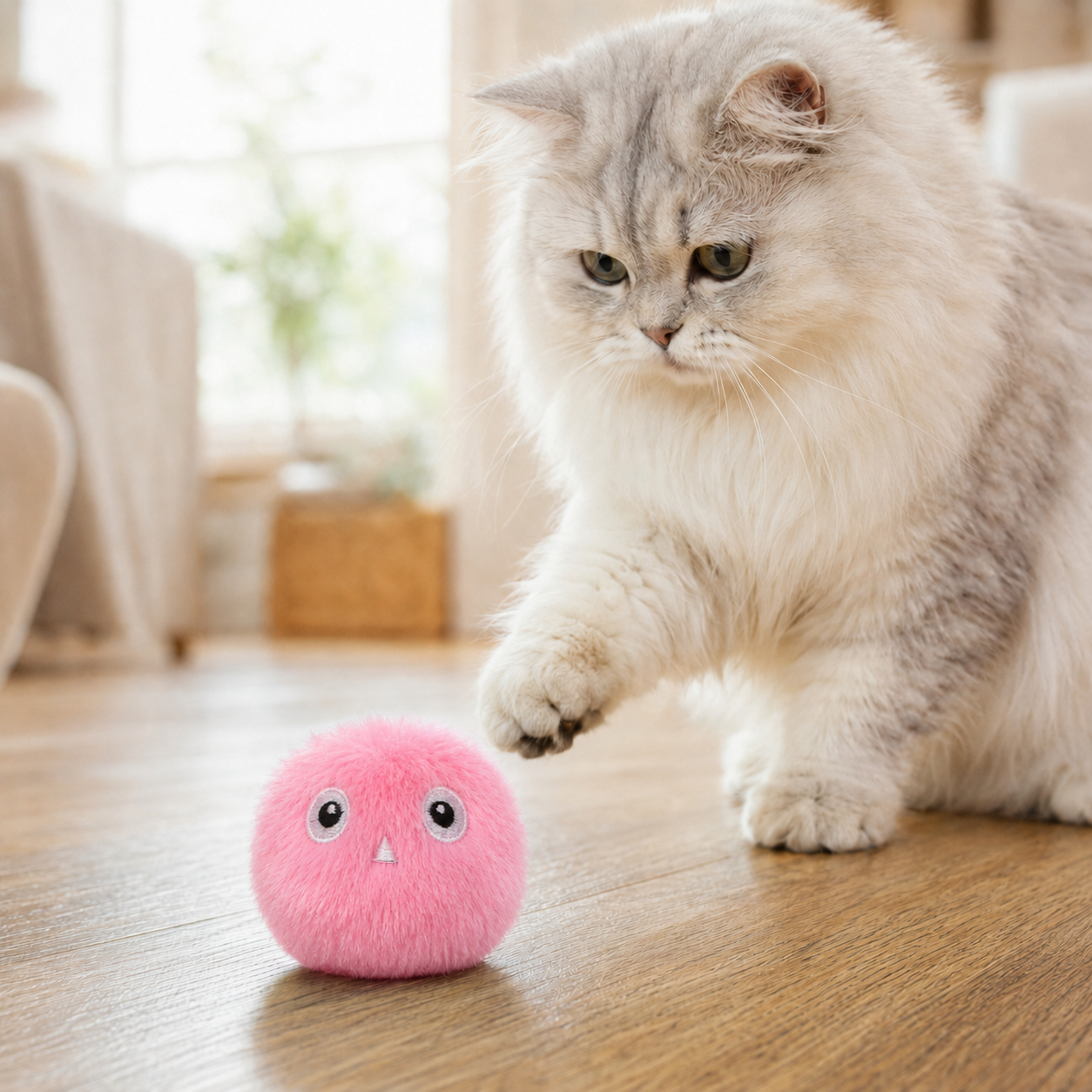 Interactive chirping cat toy ball in pink, lifestyle image