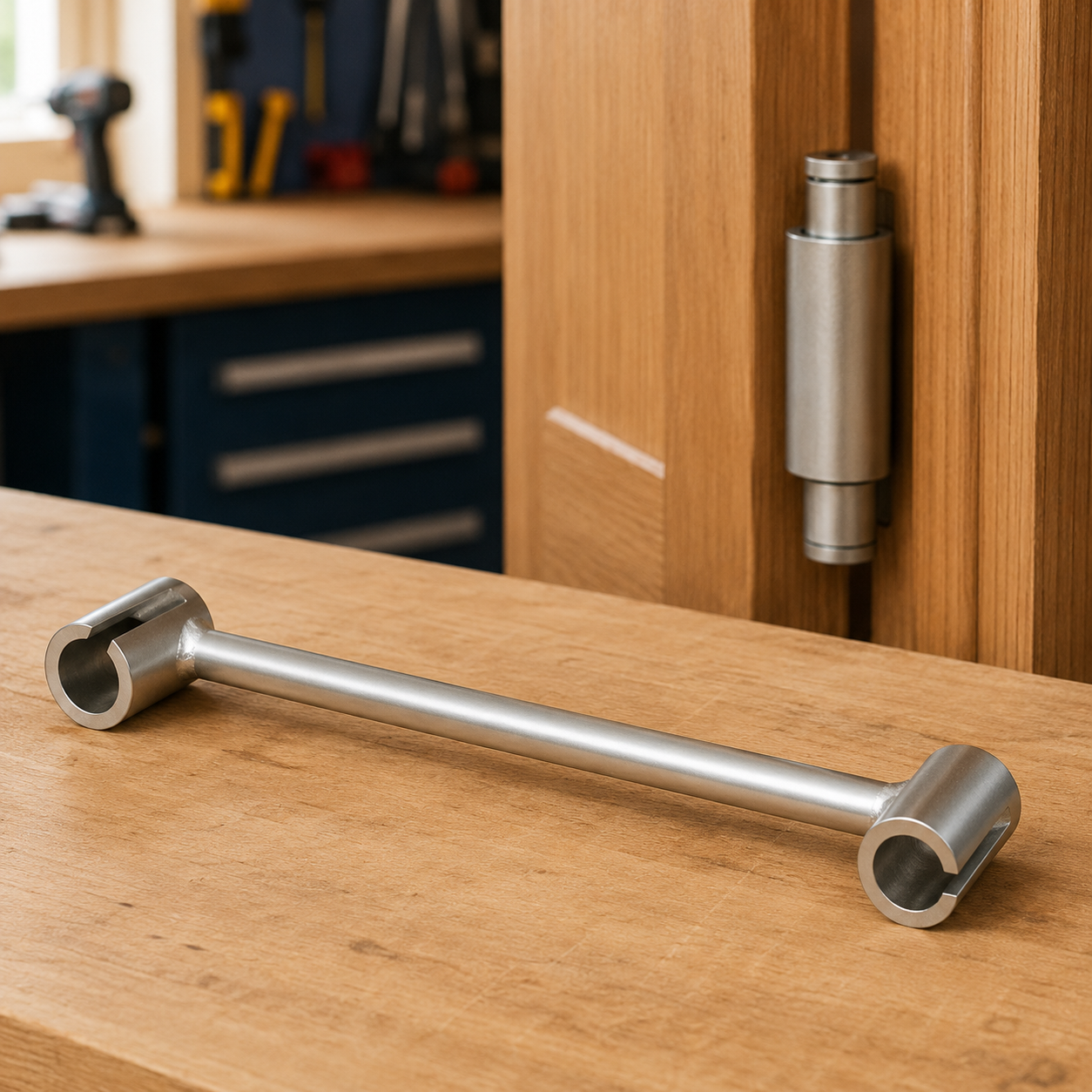 Double-ended steel door hinge adjustment wrench on a workshop bench