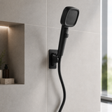 Black filtered shower head three-piece set with hose and wall cradle correctly installed
