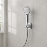 Silver filtered shower head three-piece set with hose and wall cradle correctly installed
