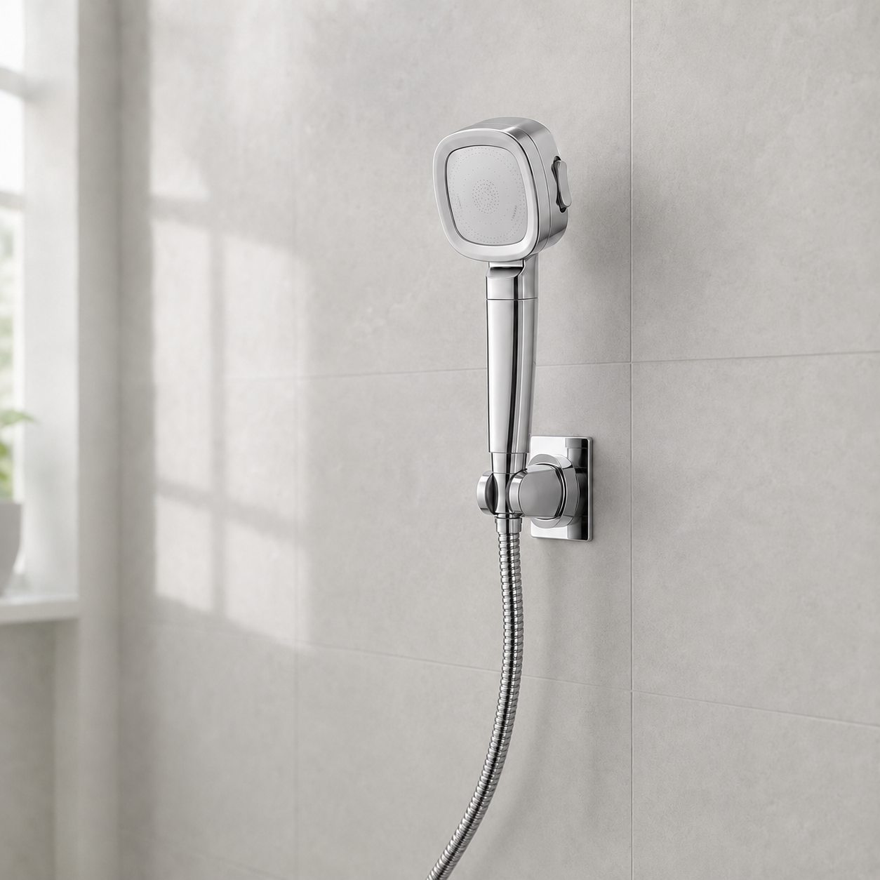 Silver filtered shower head three-piece set with hose and wall cradle correctly installed