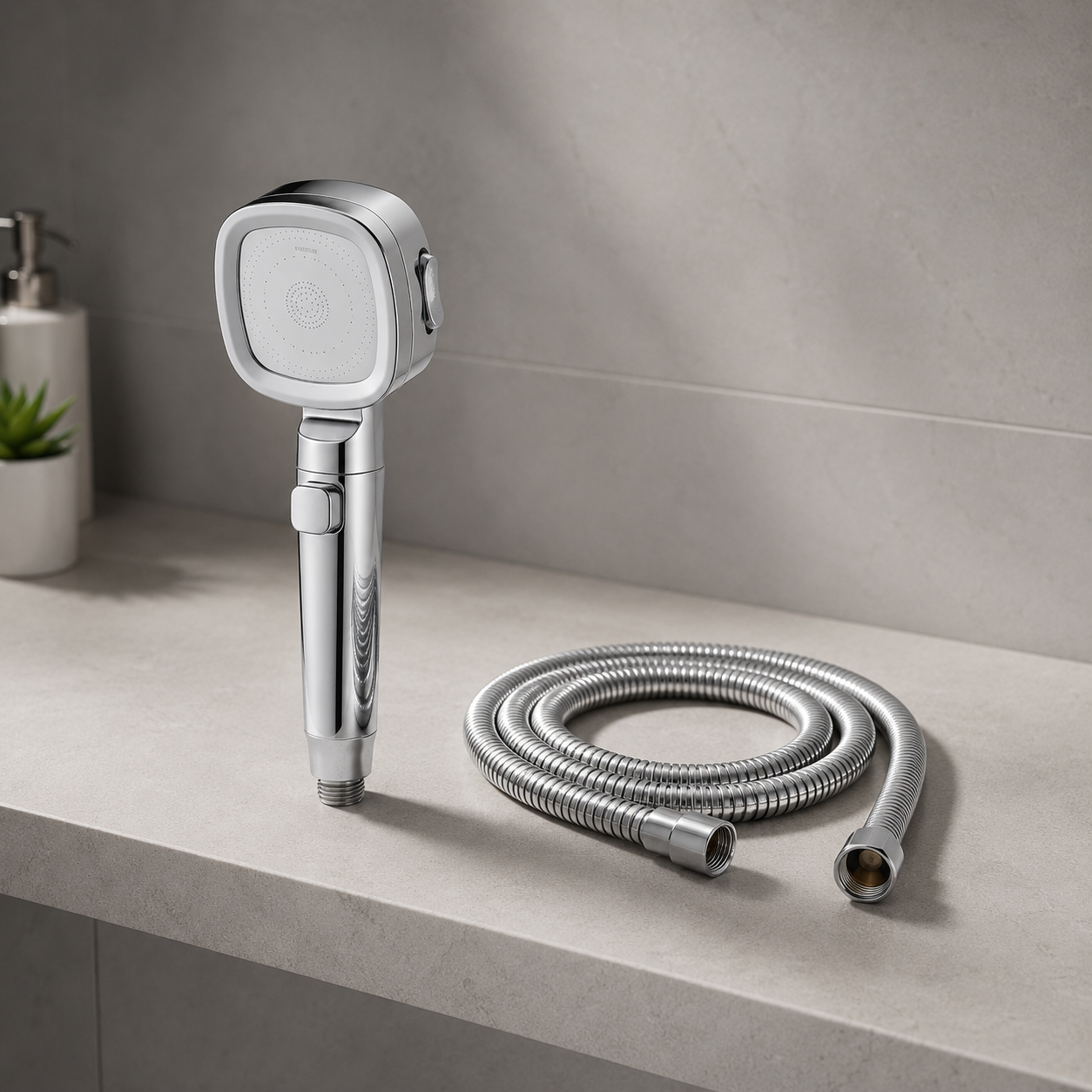 Silver filtered shower head with matching hose