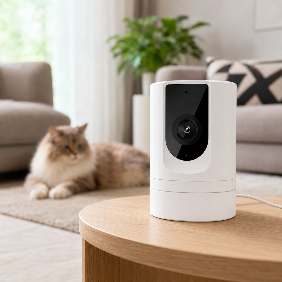 White 1080p indoor Wi-Fi security camera on a living room table with a cat in the background