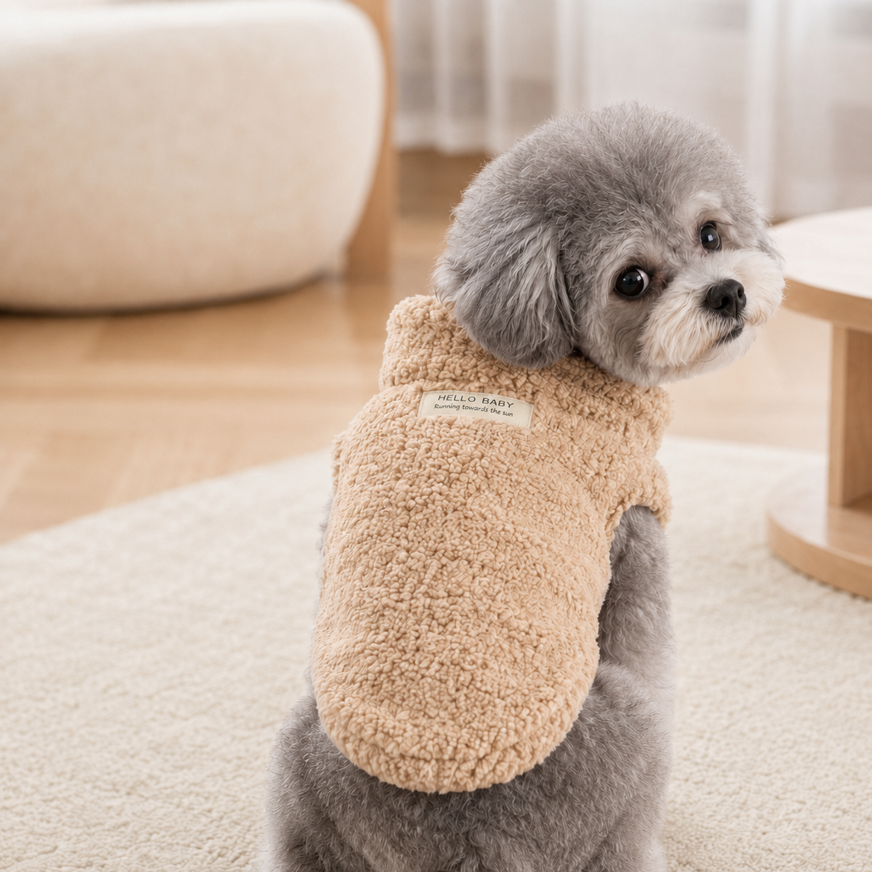 Khaki plush winter sweater worn by a small dog in a cozy home