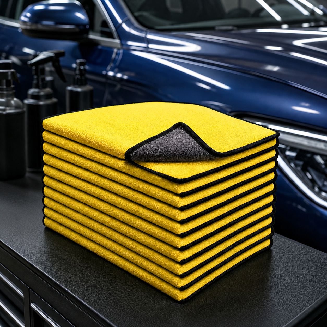 Ten-pack of 30 by 30 cm yellow and charcoal microfiber car towels on a detailing bench