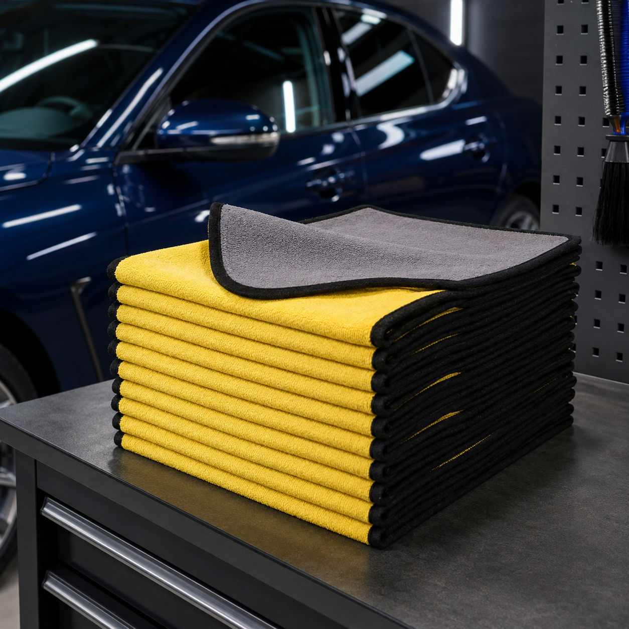 Ten-pack of 30 by 60 cm yellow and charcoal microfiber car towels on a detailing bench