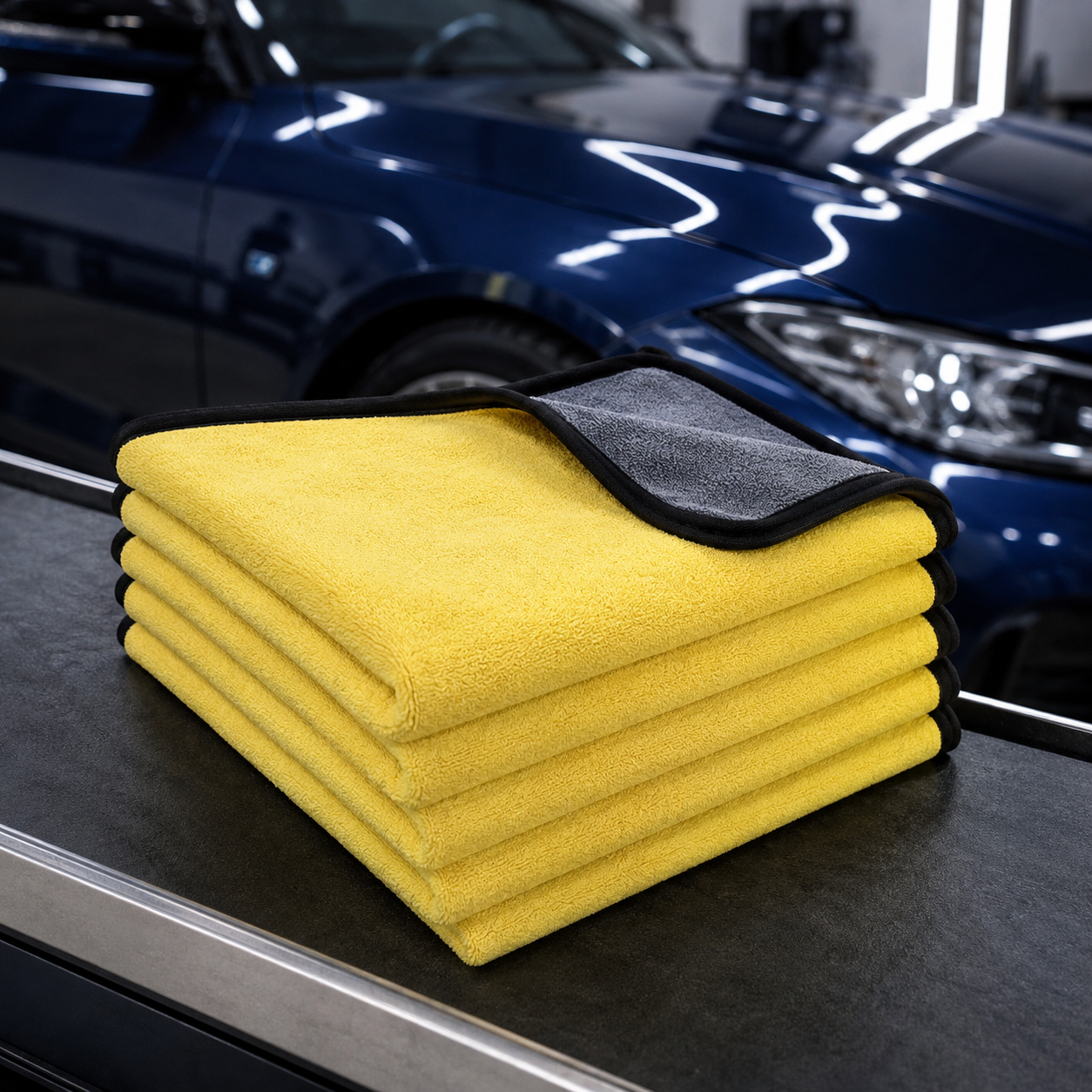 Five 30 by 60 cm yellow and charcoal microfiber car towels on a detailing bench