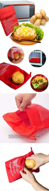 Reusable red microwave potato cooker bag for potatoes, corn and tortillas