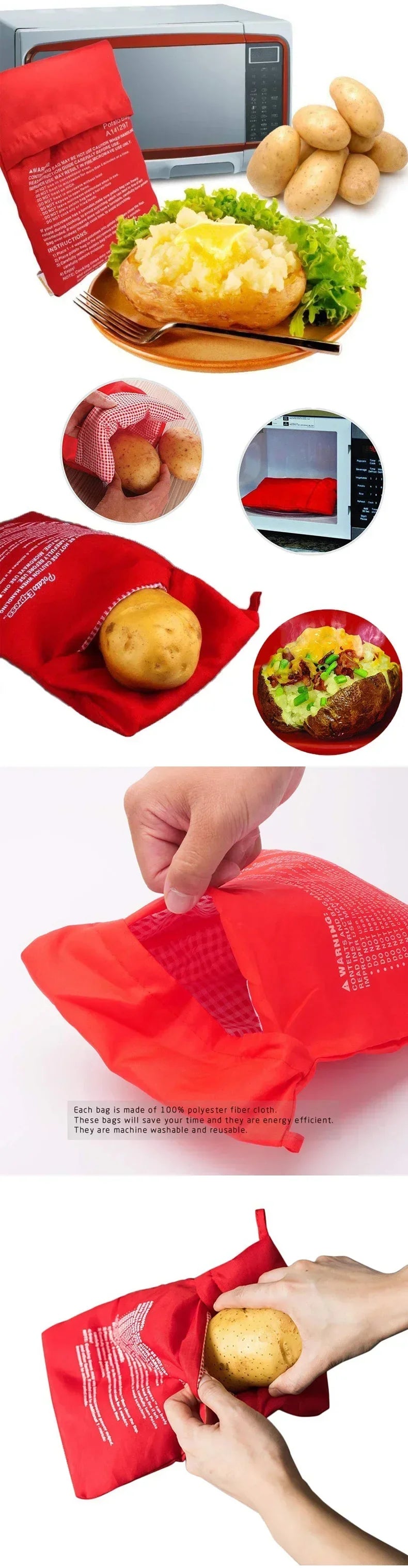 Reusable red microwave potato cooker bag for potatoes, corn and tortillas