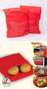 Red reusable microwave cooker pouch with baked potatoes