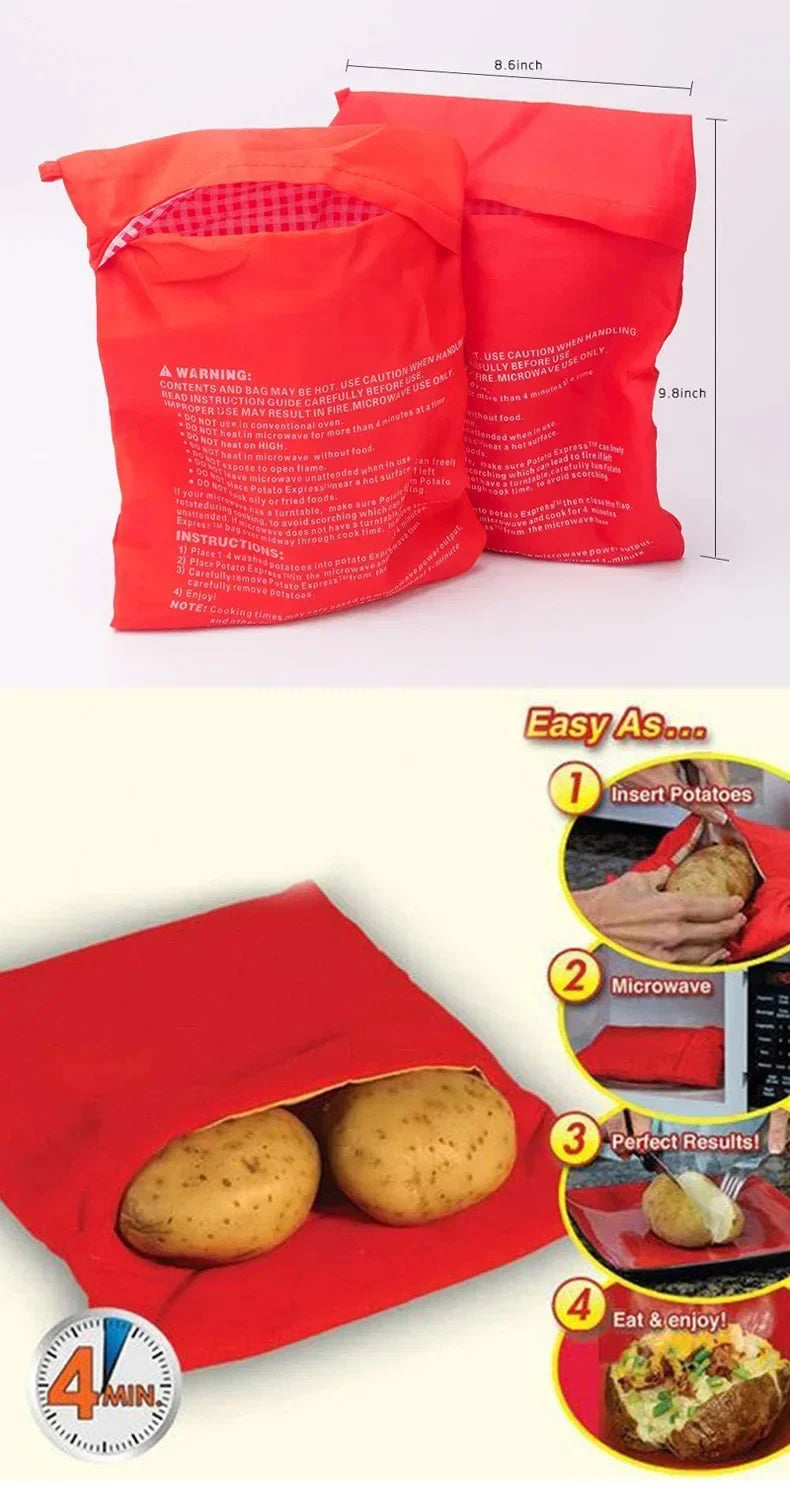 Red reusable microwave cooker pouch with baked potatoes