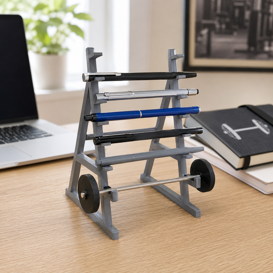 Mini barbell rack pen holder organizing pens on a home office desk