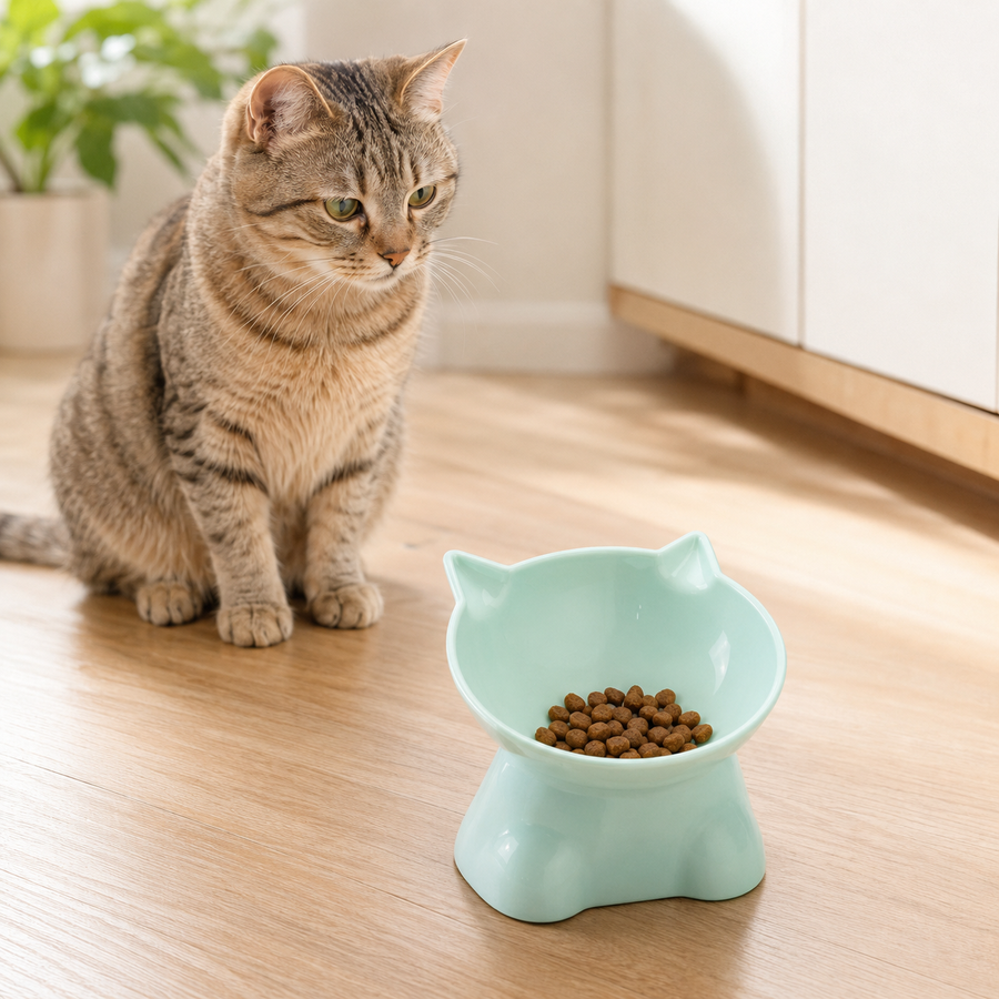 Mint-green elevated tilted cat bowl with dry food and a cat beside it