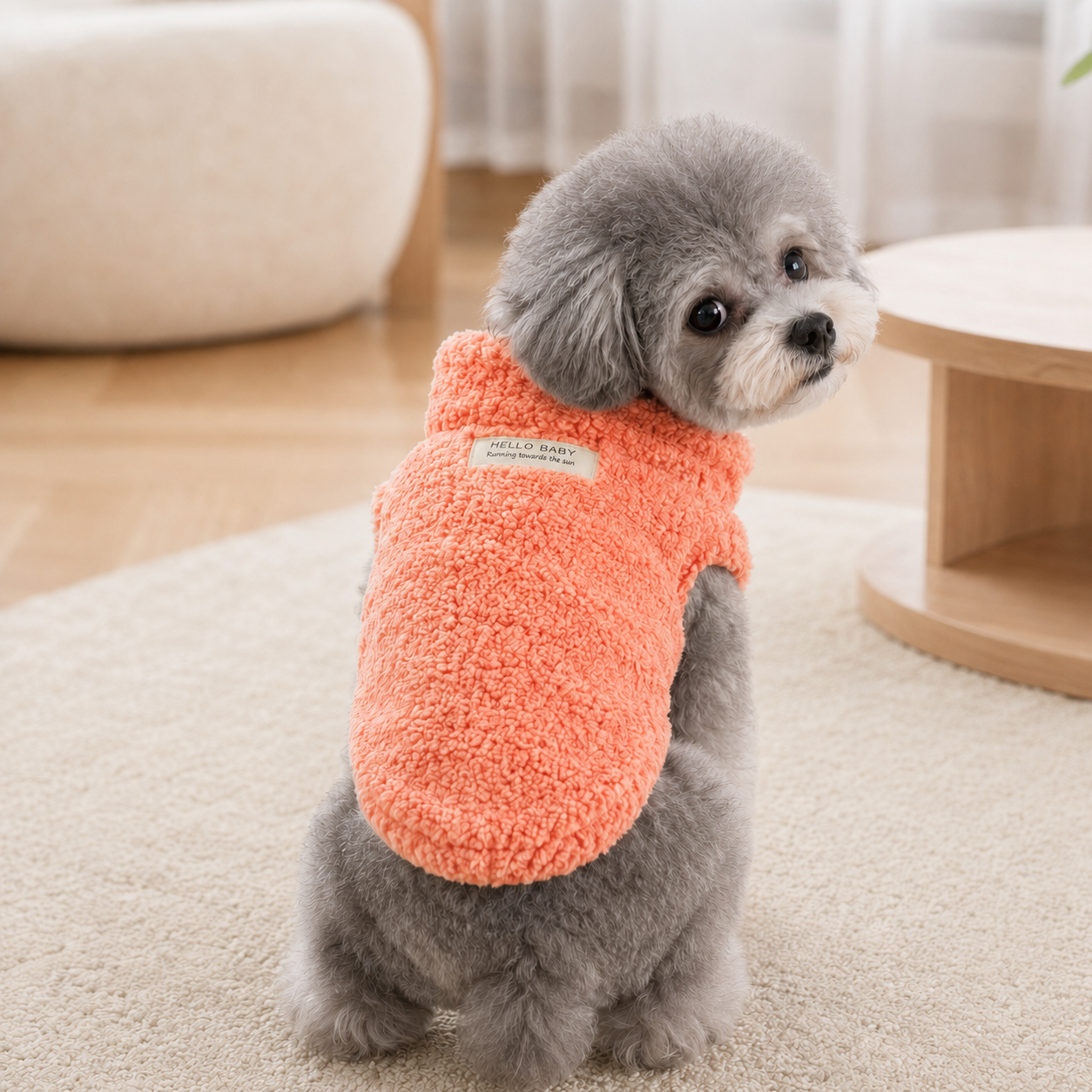 Orange plush winter sweater worn by a small dog in a cozy home