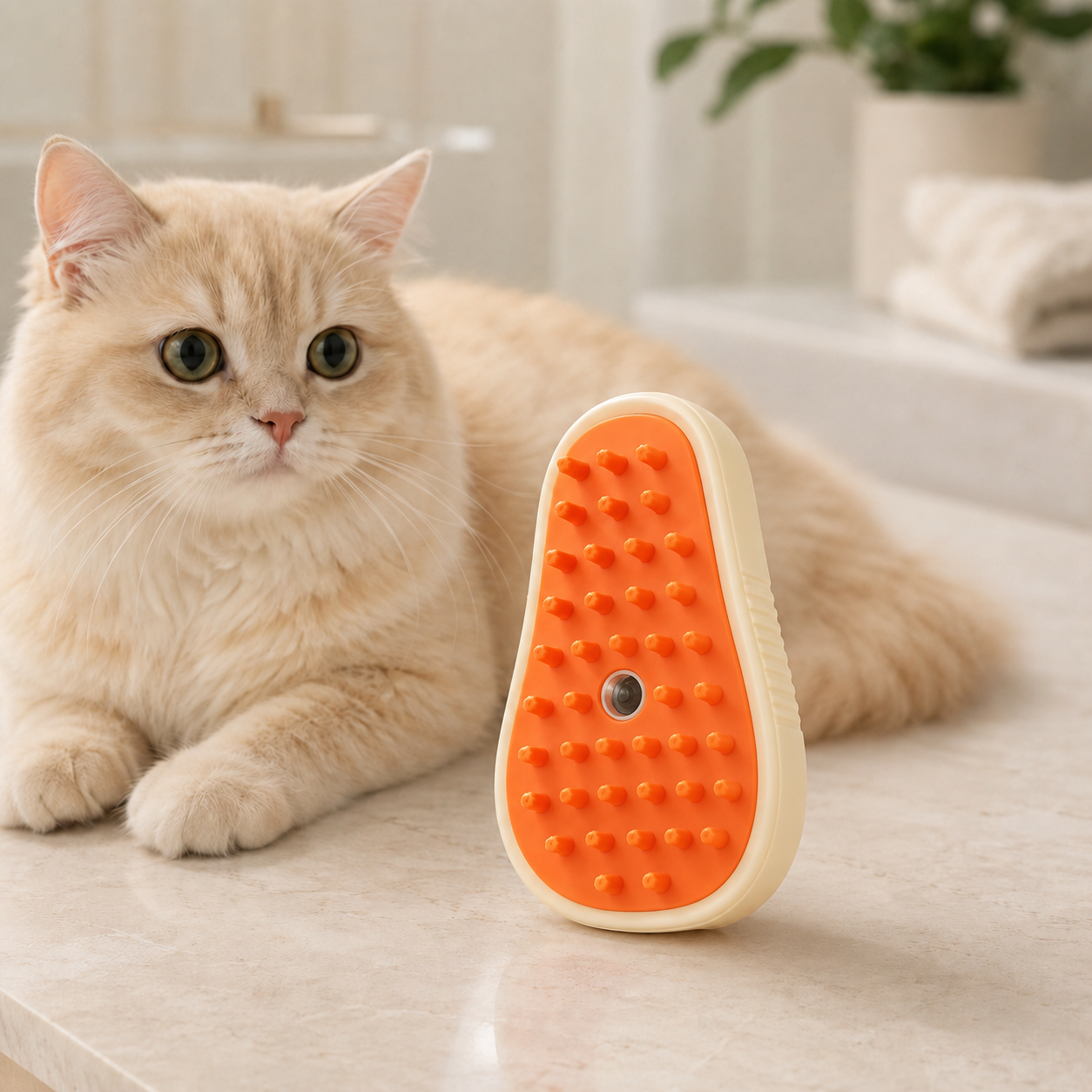 Beige Avocado pet spray grooming brush with cream body and coral-orange bristles