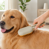 Coffee Handle pet grooming brush used bristle-side down on a golden retriever