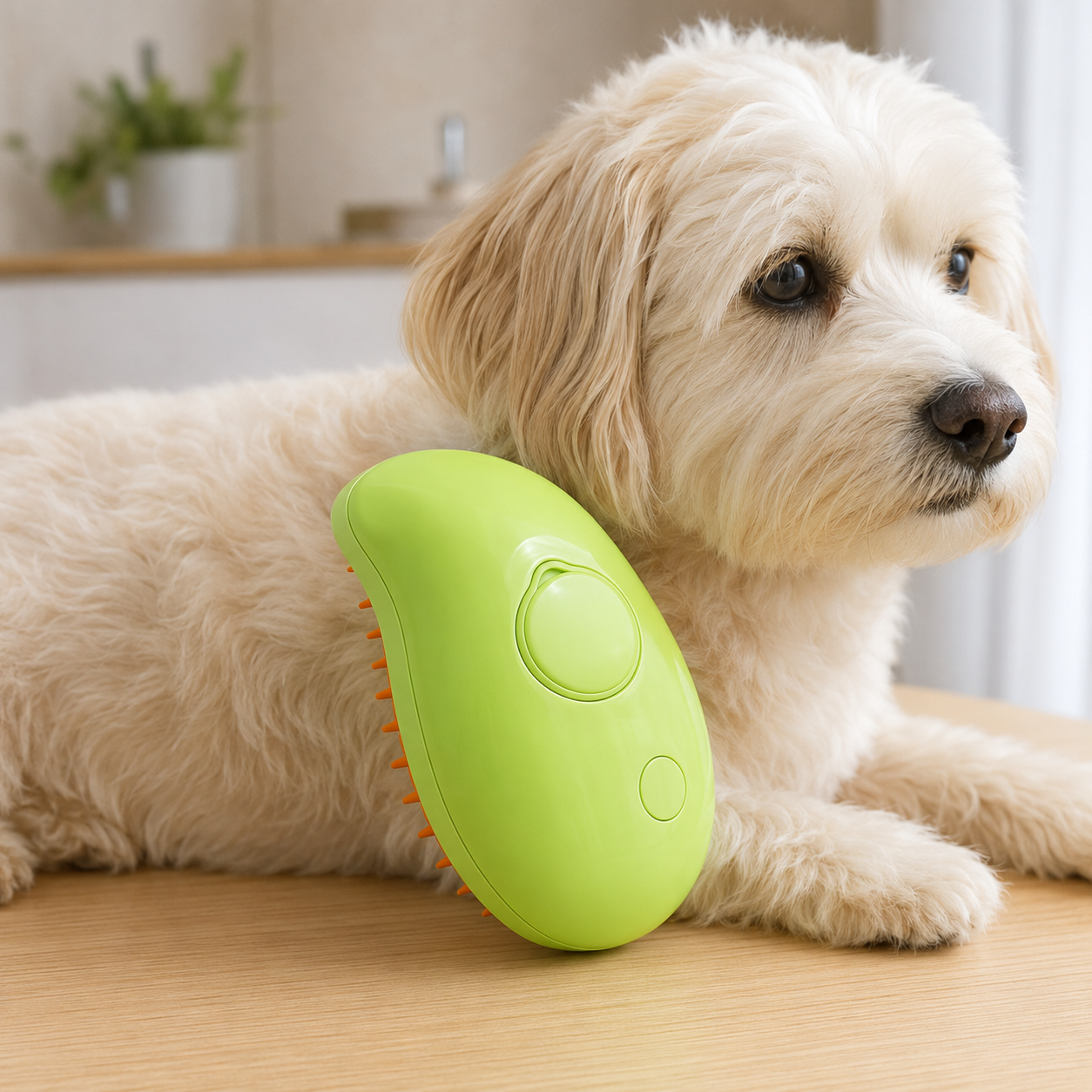 Green Mango pet spray grooming brush with the refill opening on the smooth rear face