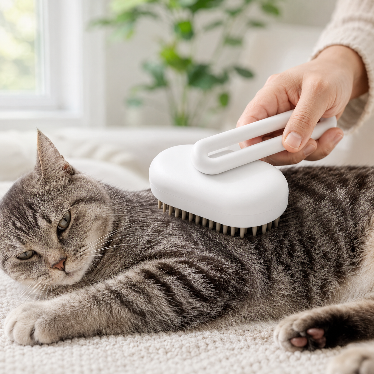 White Handle pet grooming brush used bristle-side down on a gray tabby cat