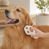 Brown paw-print pet spray grooming brush being used on a golden dog