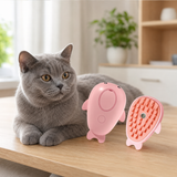Pink dolphin-shaped pet spray grooming brush beside a gray cat