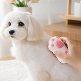 Pink paw-print pet spray grooming brush being used on a small dog