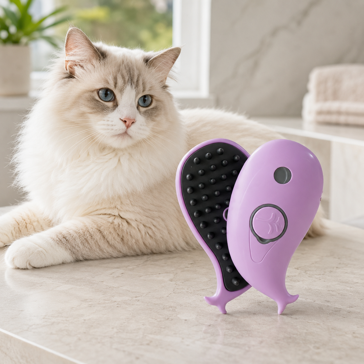 Purple whale-shaped pet spray grooming brush beside a cat