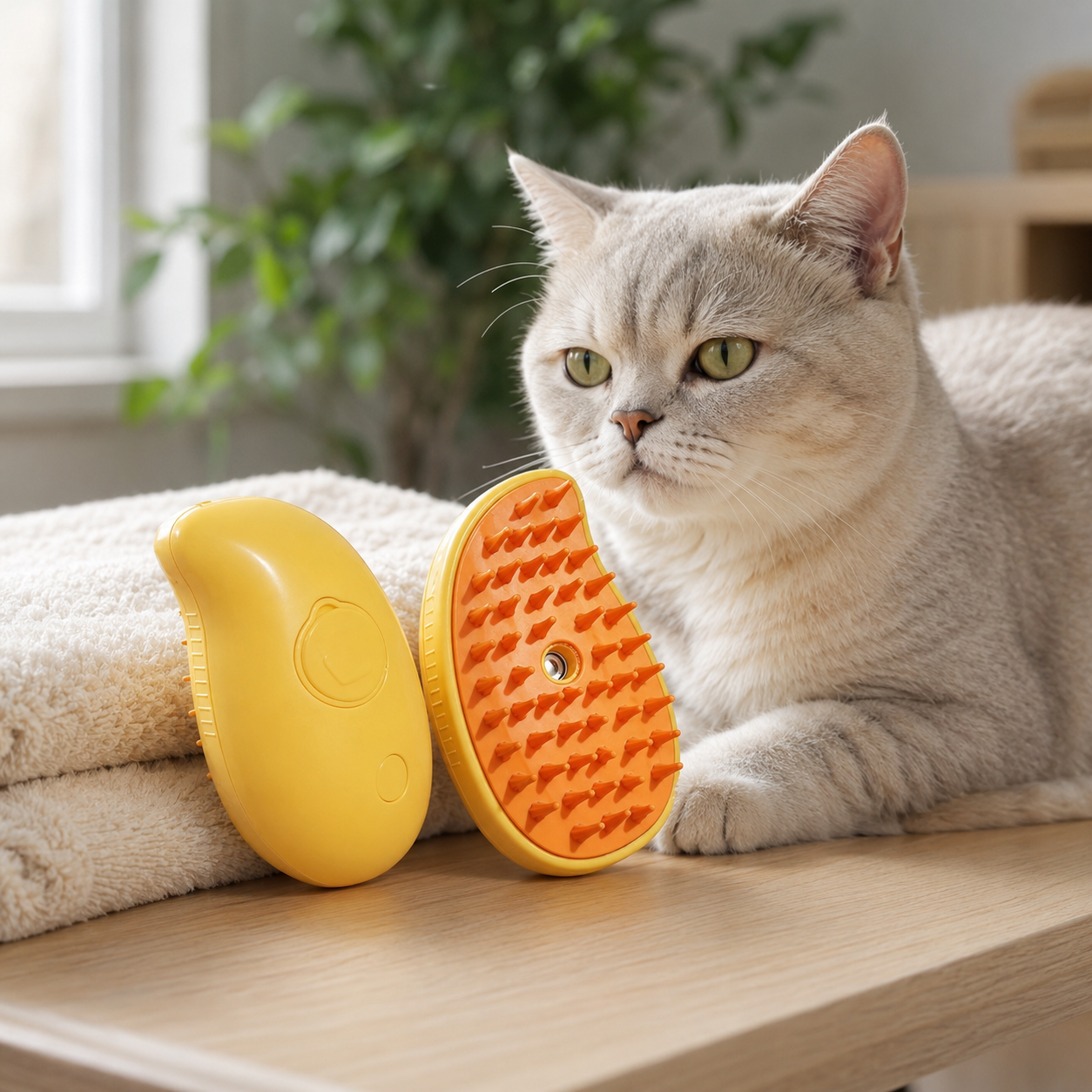 Yellow mango-shaped pet spray grooming brush beside a cat