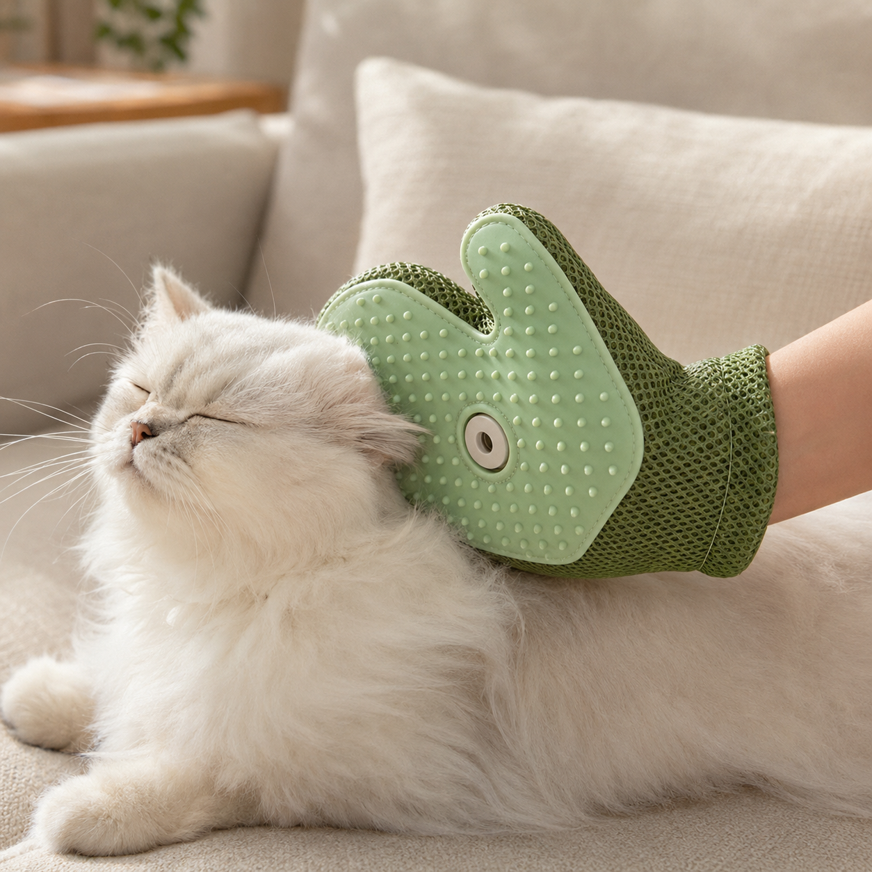 Green pet grooming glove being used gently on a white cat