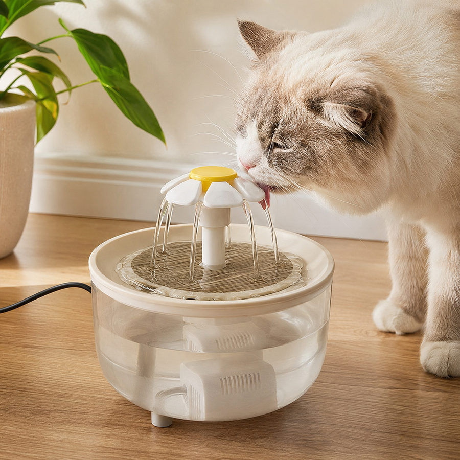 1.2 liter wood lotus pet water fountain with a cat drinking in a modern home