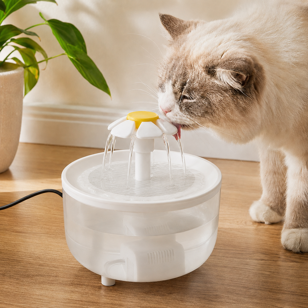 1.2L pet water fountain in White Lotus Flowers style with cat