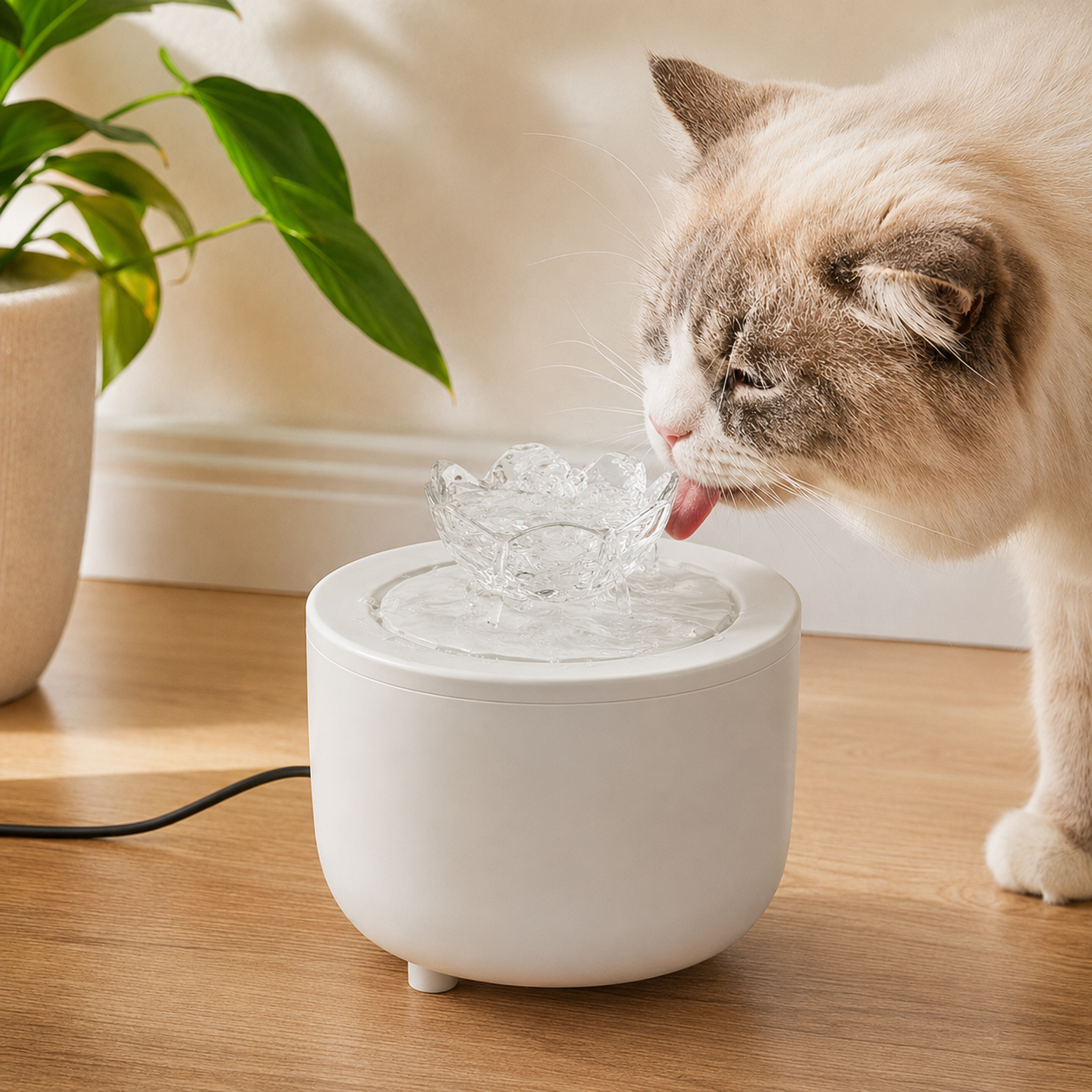 1.2L pet water fountain in White Opaque crystal lotus style with cat