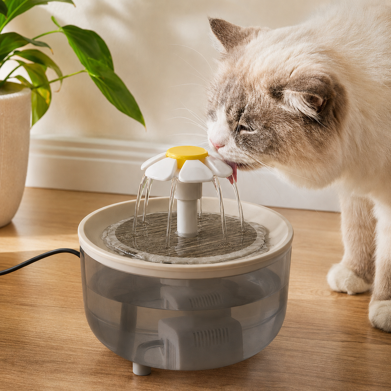 1.2L pet water fountain in Wood Grain Opaque style with cat