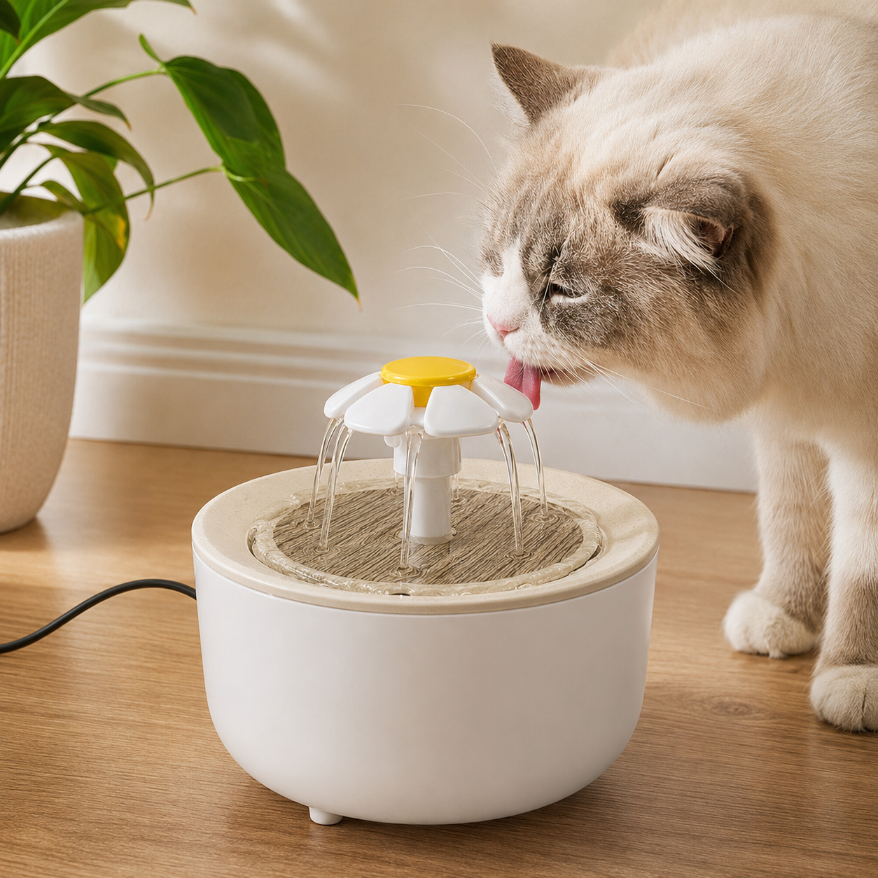 1.2L pet water fountain in Wood Grain White style with cat