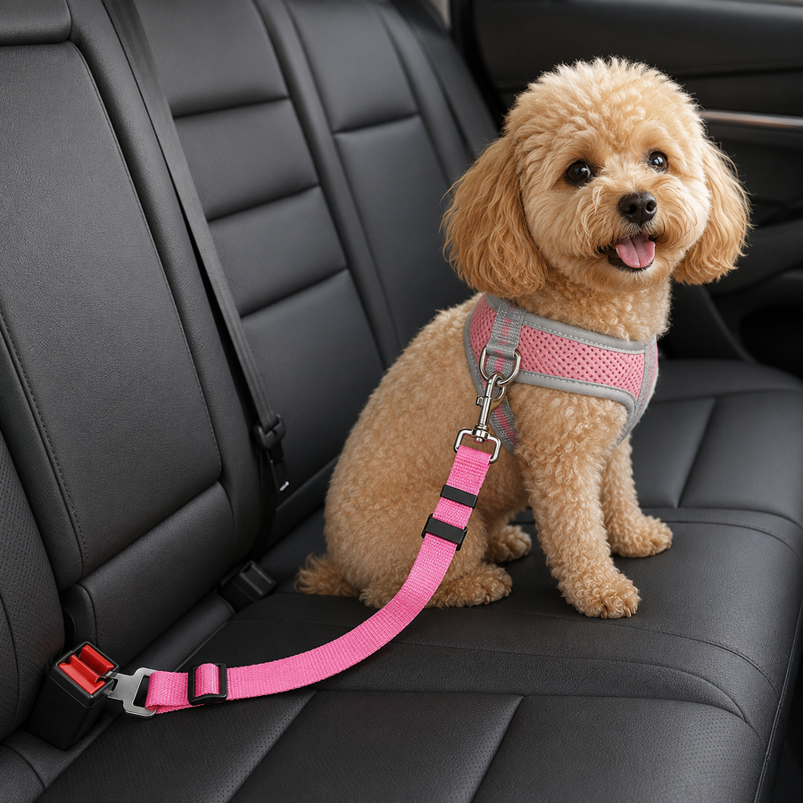 Pink adjustable pet car seat-belt tether clipped from a dog harness to the rear-seat buckle