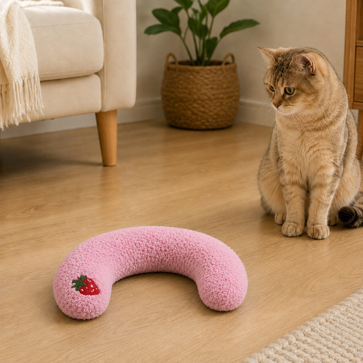 Pink U-shaped plush pet pillow beside a curious cat in a warm living room