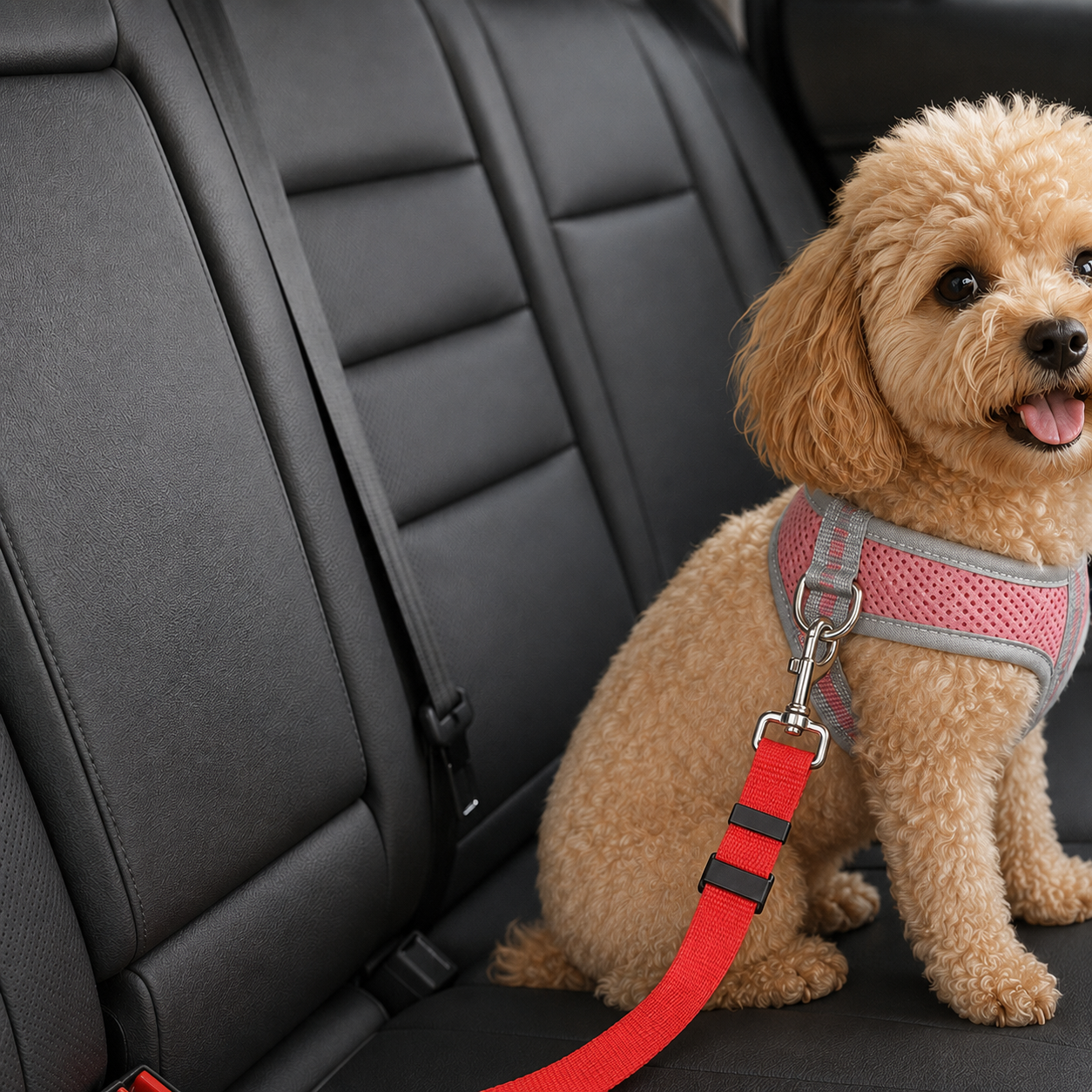 Red adjustable pet car seat-belt tether clipped from a dog harness in a rear car seat