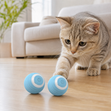 Two blue 80mAh automatic rolling cat toy balls with cat