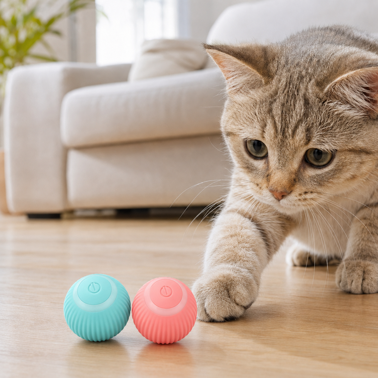 Blue and pink 150mAh automatic rolling cat toy ball combo with cat