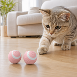 Two pink 80mAh automatic rolling cat toy balls with cat
