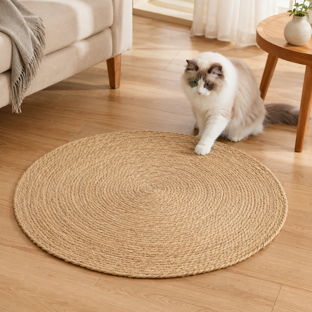 Round natural sisal cat scratching mat in a bright modern living room with a cat beside it