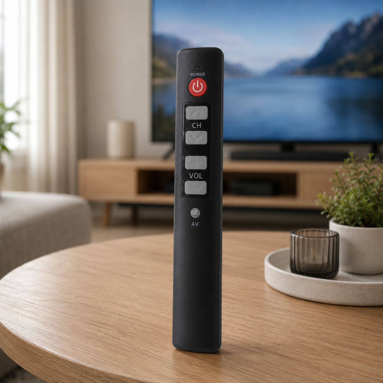 Black six-button universal learning remote on a coffee table