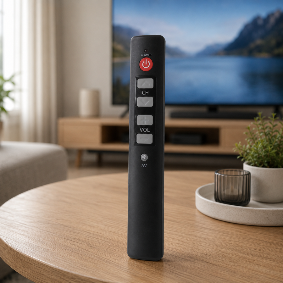 Black six-button universal learning remote on a coffee table